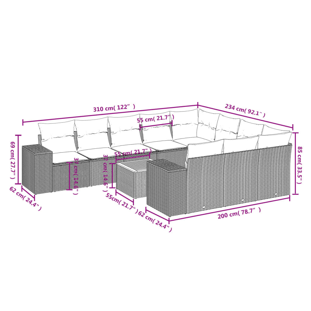 Set Divani da Giardino 11 pz con Cuscini in Polyrattan Nero | homemem39