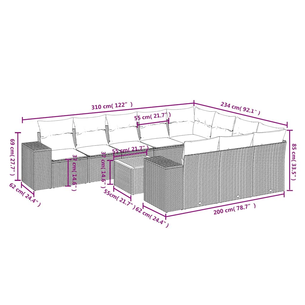 Set Divani da Giardino 11 pz con Cuscini in Polyrattan Nero