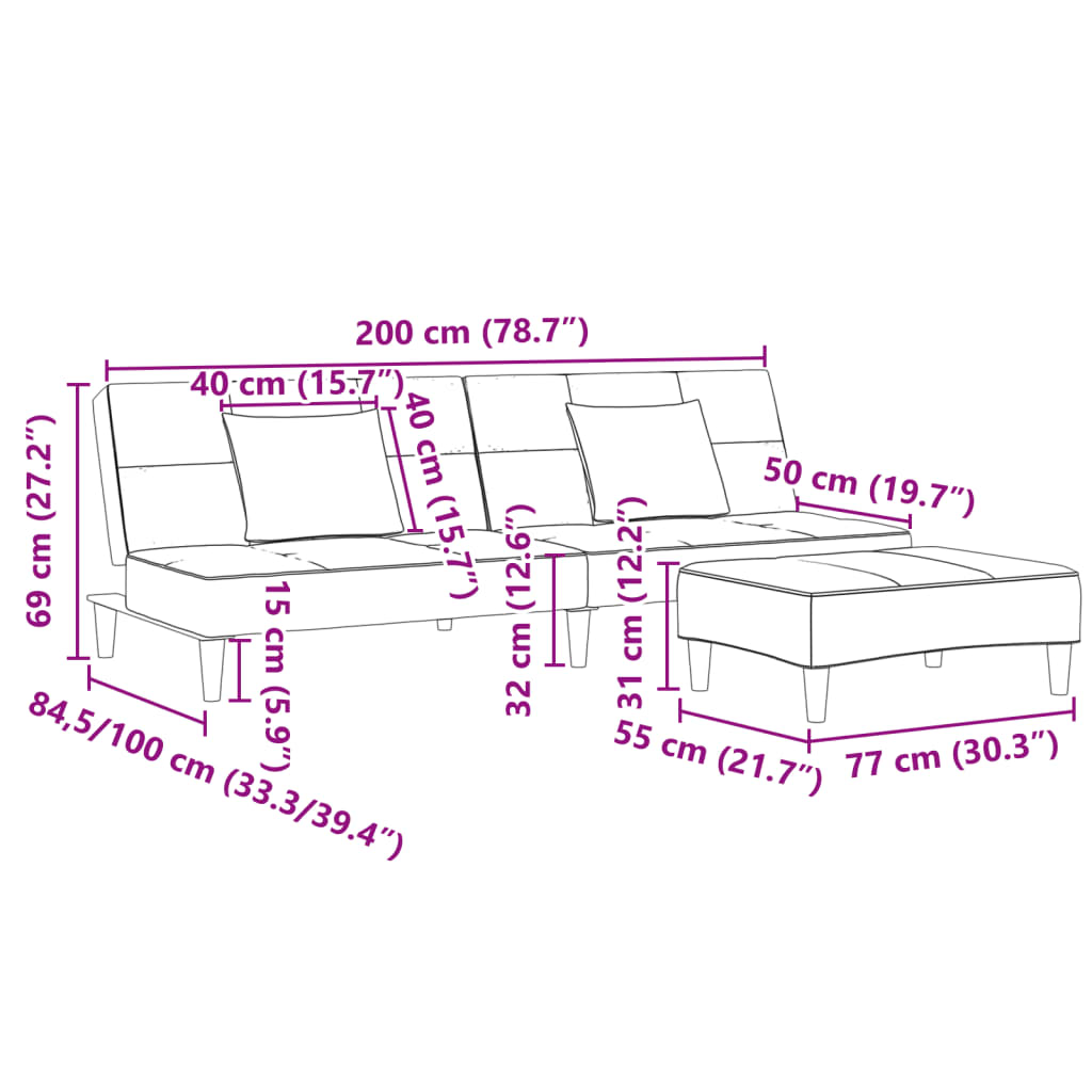 Divano Letto a 2 Posti con Poggiapiedi Grigio Chiaro in Velluto - homemem39