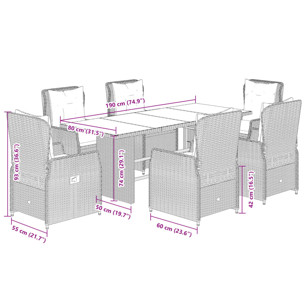 Set da Pranzo da Giardino 7 pz con Cuscini Beige in Polyrattan