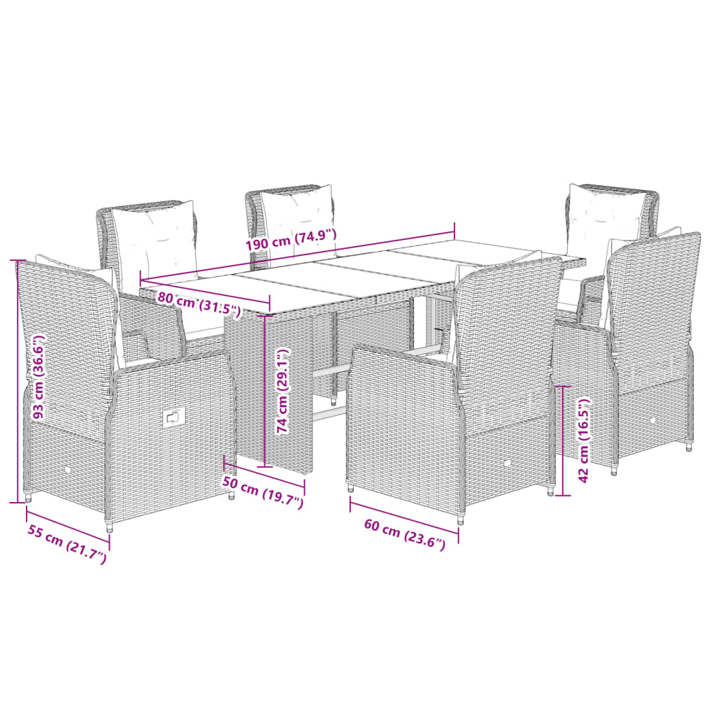 Set da Pranzo da Giardino 7 pz con Cuscini Beige in Polyrattan