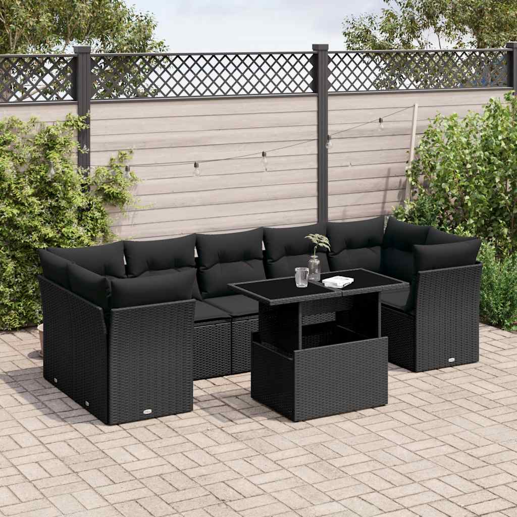 Set Divani da Giardino con Cuscini 8 pz Nero in Polyrattan | homemem39