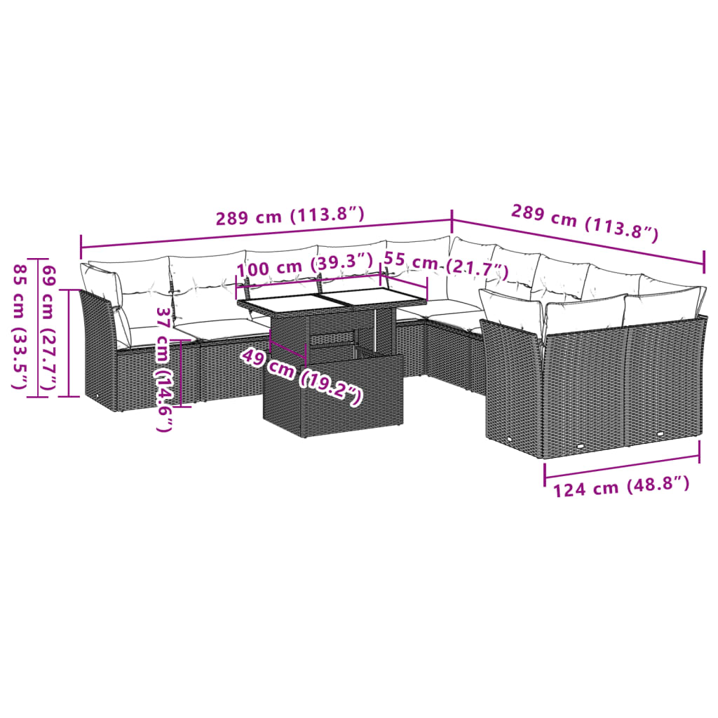 Set Divani da Giardino 11 pz con Cuscini Grigio in Polyrattan