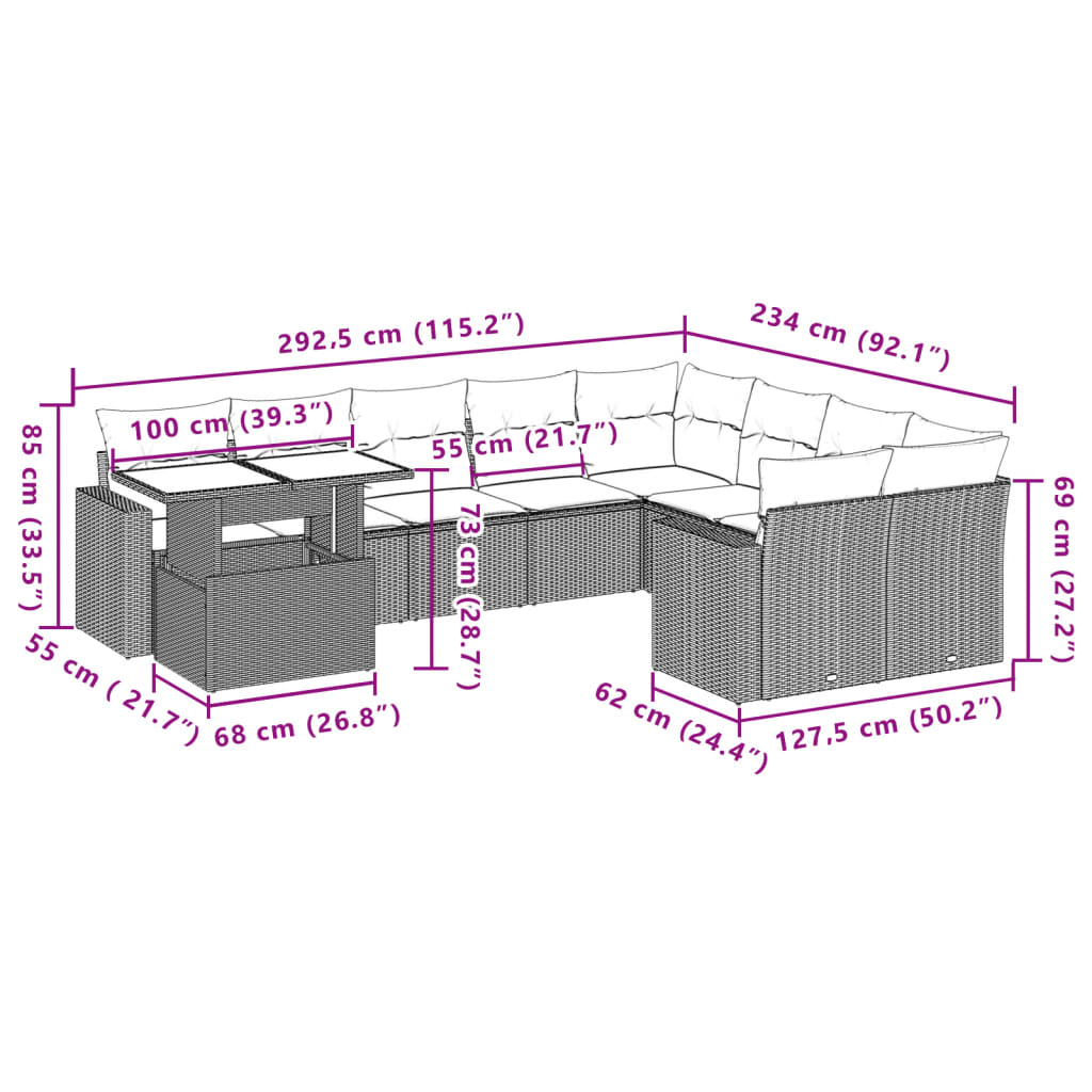 Set Divano da Giardino 10 pz con Cuscini Grigio in Polyrattan | homemem39