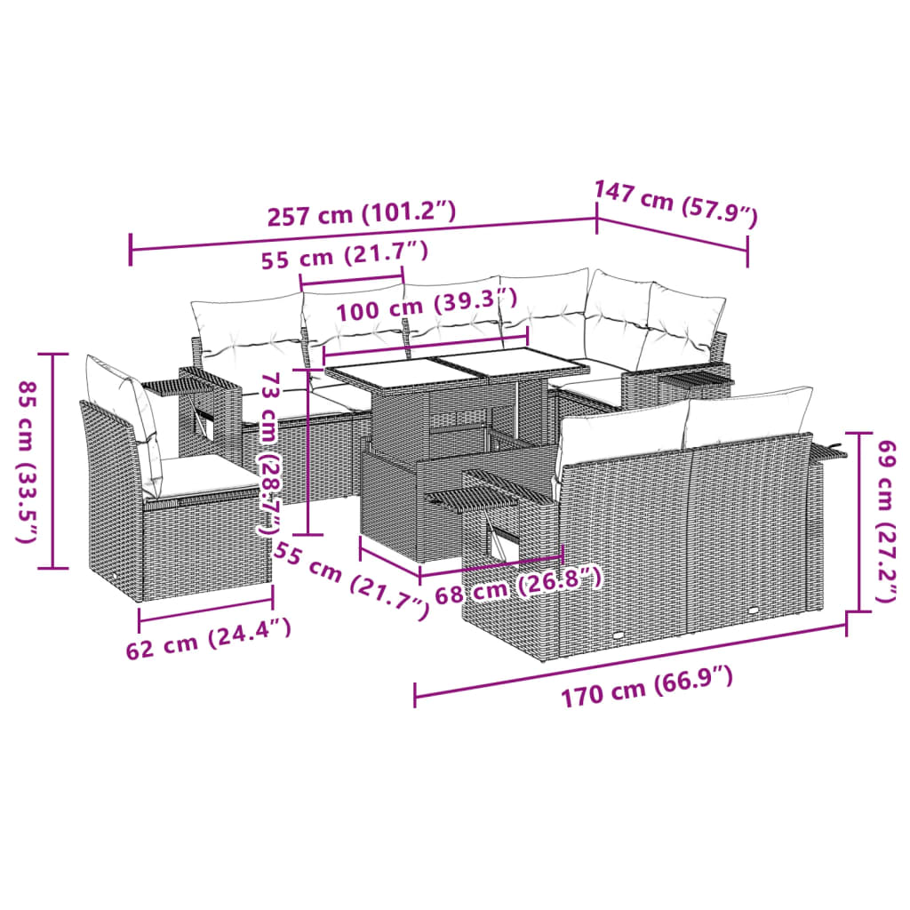 Set Divano da Giardino 9 pz con Cuscini Beige in Polyrattan | homemem39