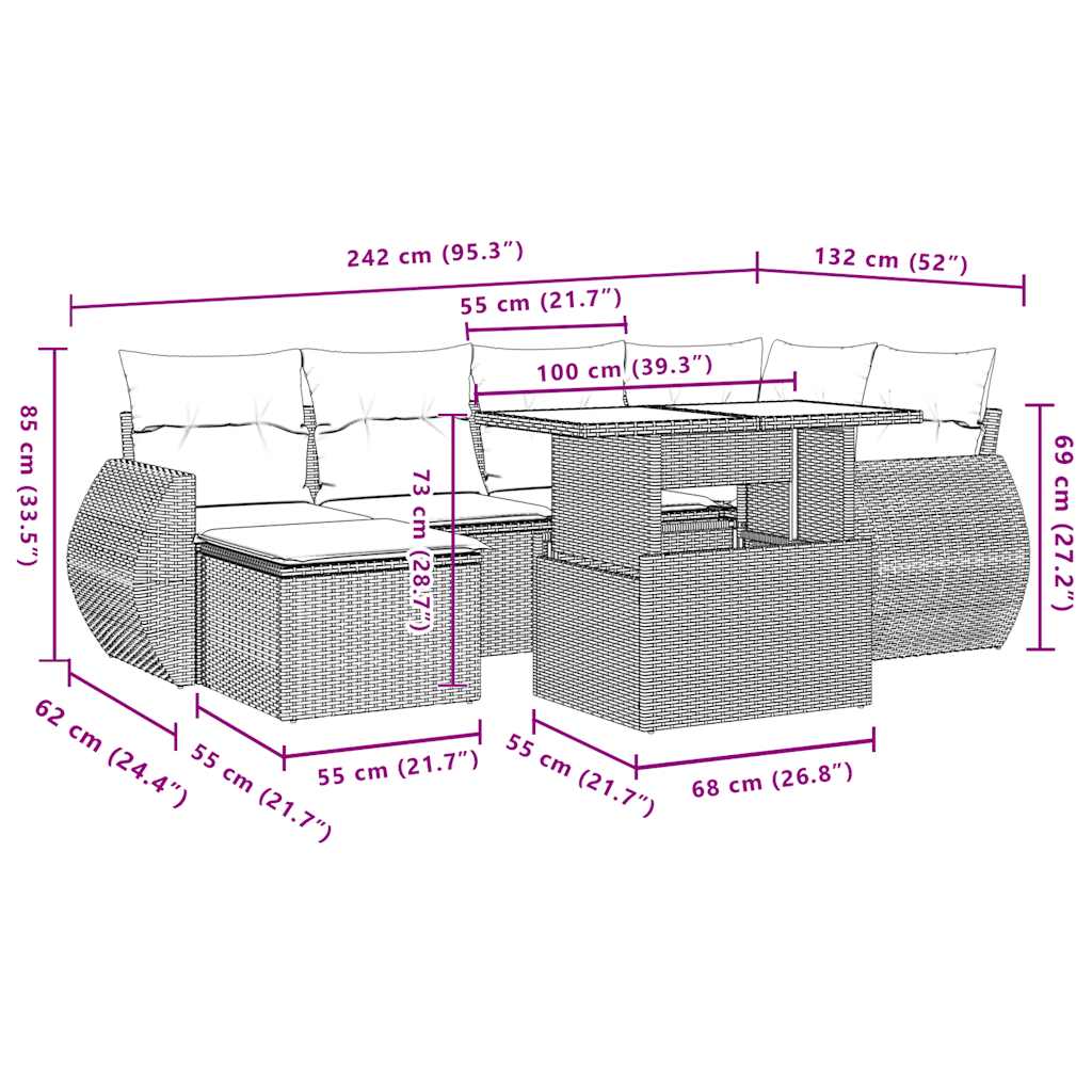 Set Divani da Giardino 7 pz con Cuscini Grigio in Polyrattan | homemem39