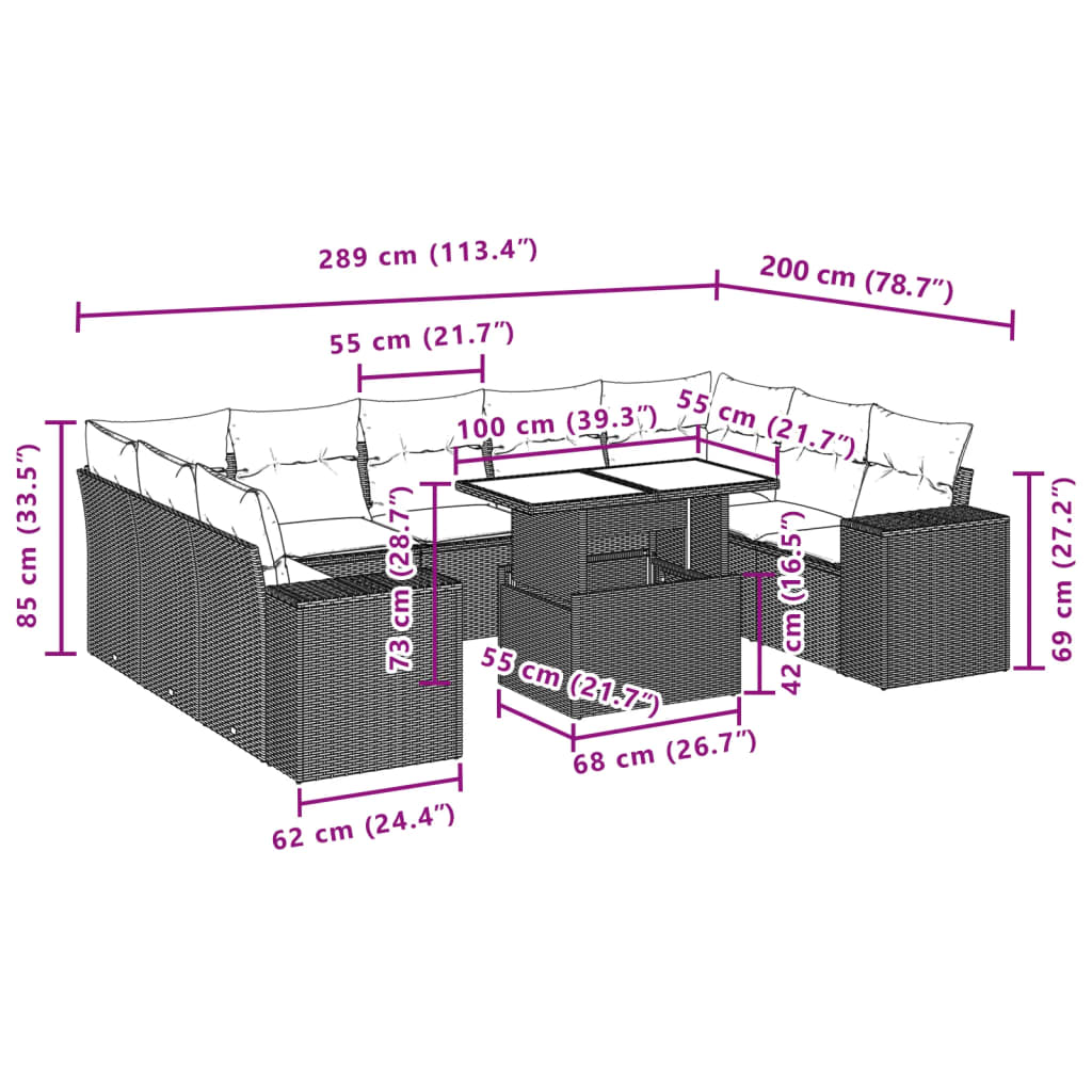 Set Divano da Giardino 10 pz con Cuscini Grigio in Polyrattan | homemem39