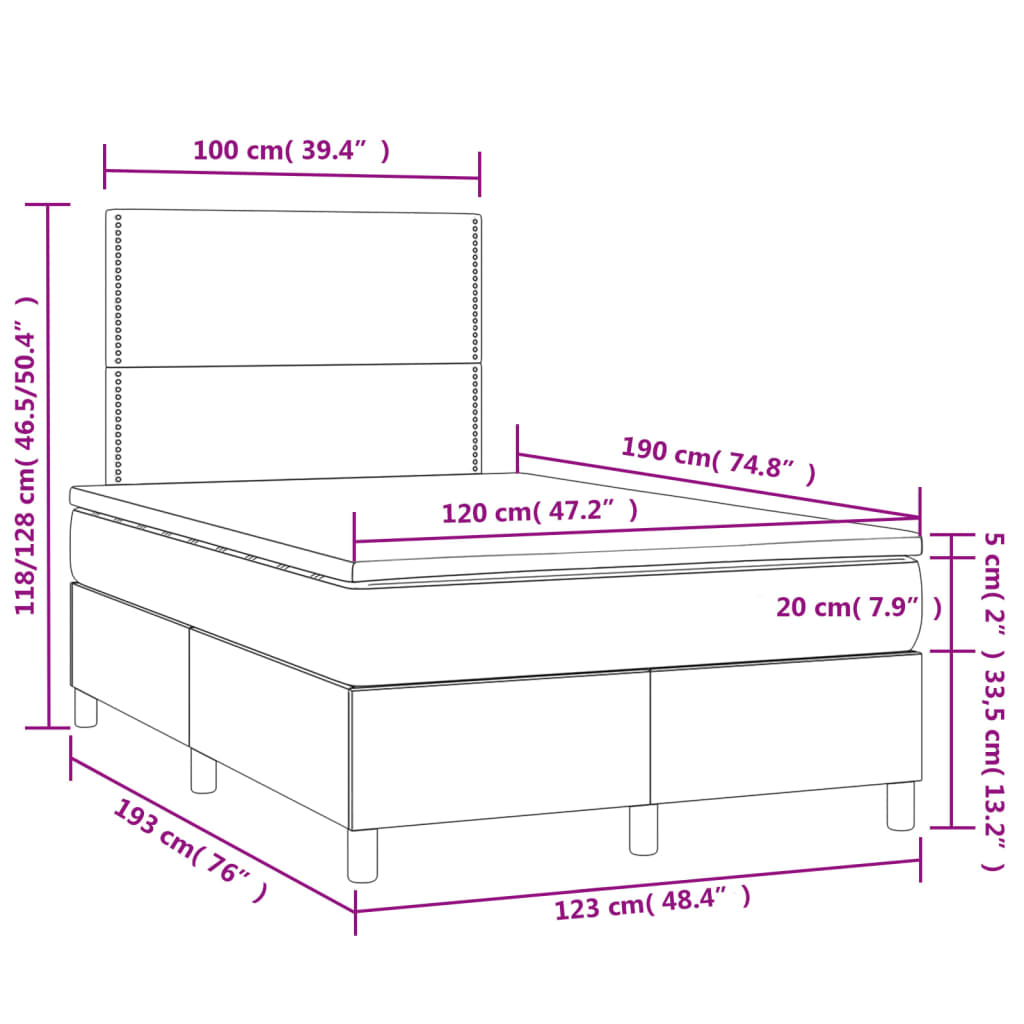 Letto a Molle con Materasso e LED Tortora 120x190 cm in Tessuto