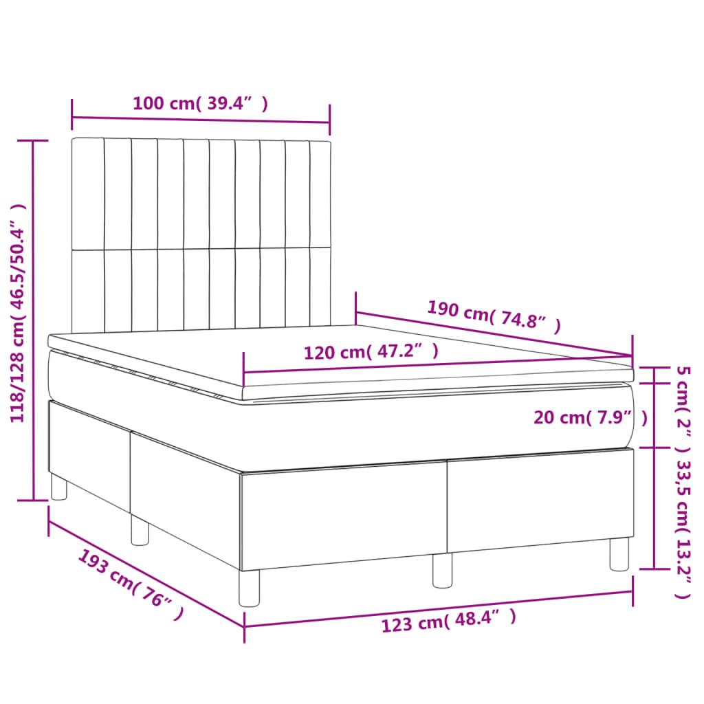 Letto a Molle con Materasso e LED Tortora 120x190 cm in Tessuto | homemem39