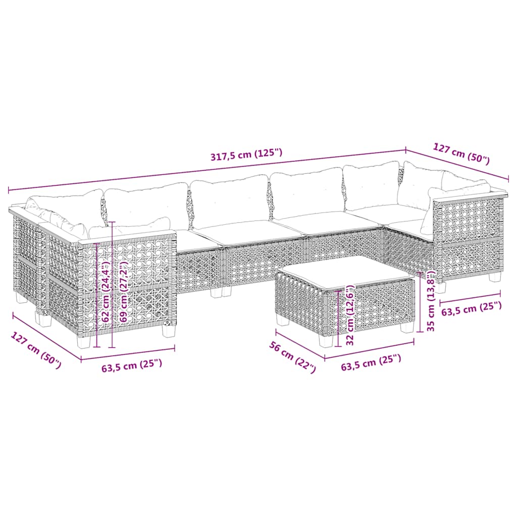 Set Divano da Giardino 8 pz con Cuscini Beige in Polyrattan