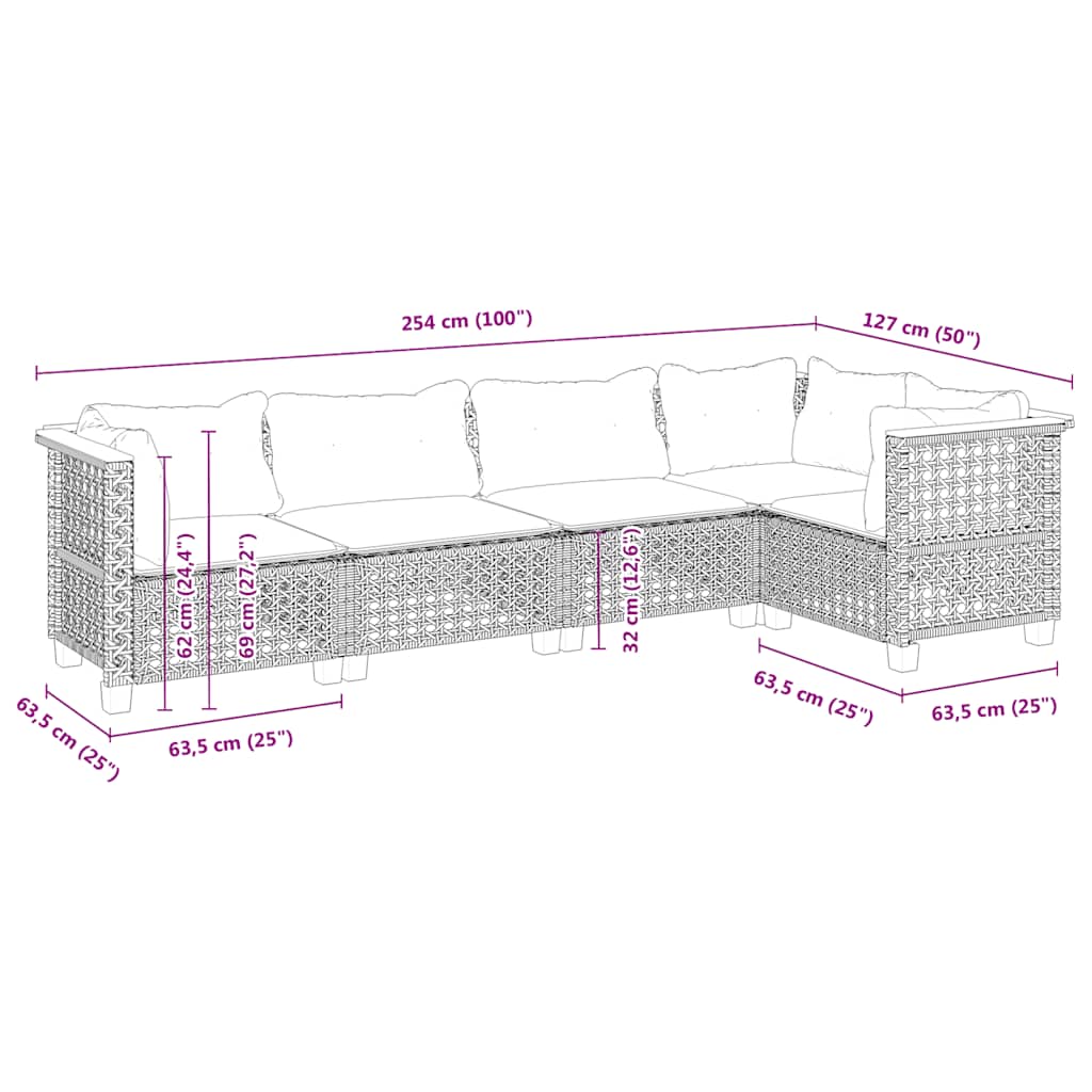 Set Divano da Giardino 5 pz con Cuscini Beige in Polyrattan