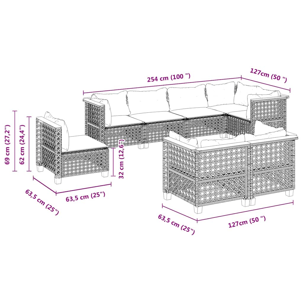 Set Divano da Giardino 8 pz con Cuscini Beige in Polyrattan