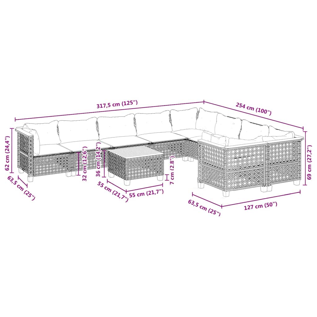 Set Divano da Giardino 10 pz con Cuscini Beige in Polyrattan