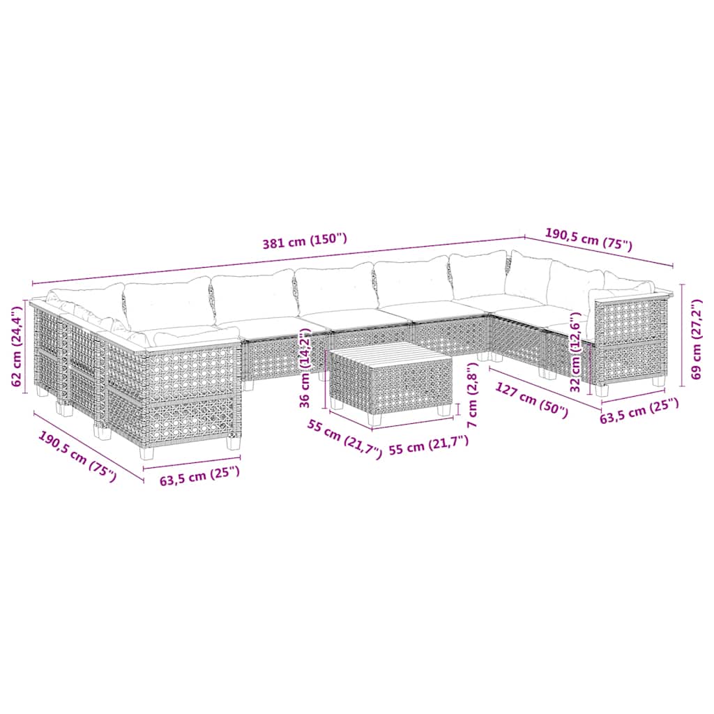 Set Divani da Giardino 11 pz con Cuscini Beige in Polyrattan