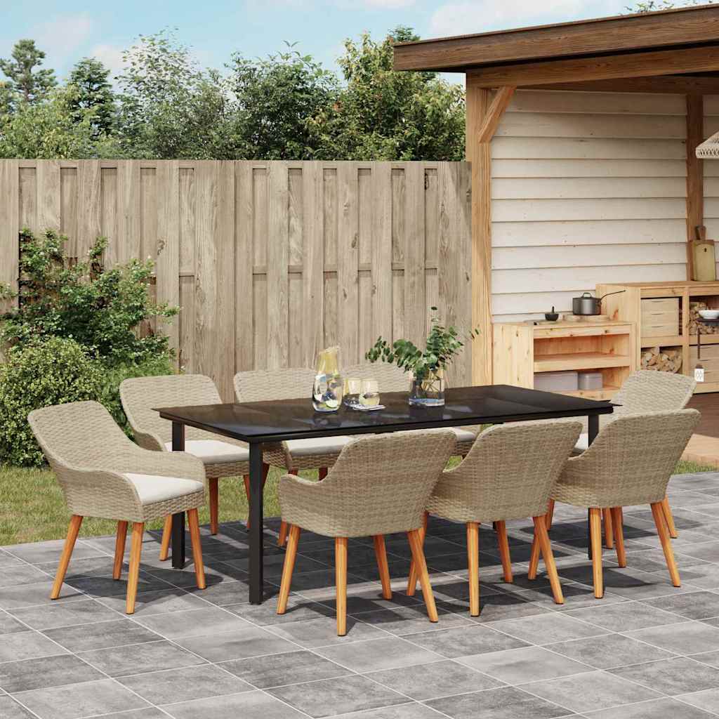 Set da Pranzo per Giardino con cuscino 9 pcs Beige polyrattan