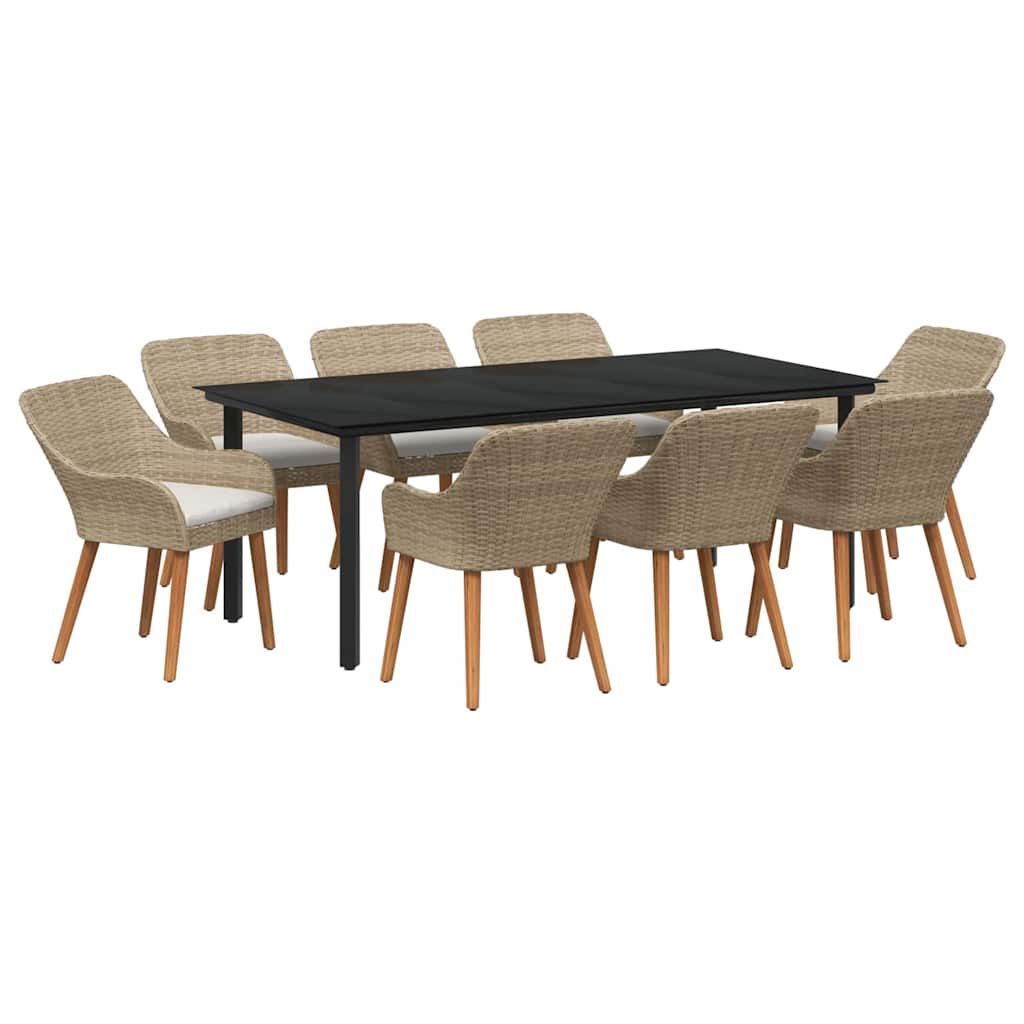 Set da Pranzo per Giardino con cuscino 9 pcs Beige polyrattan