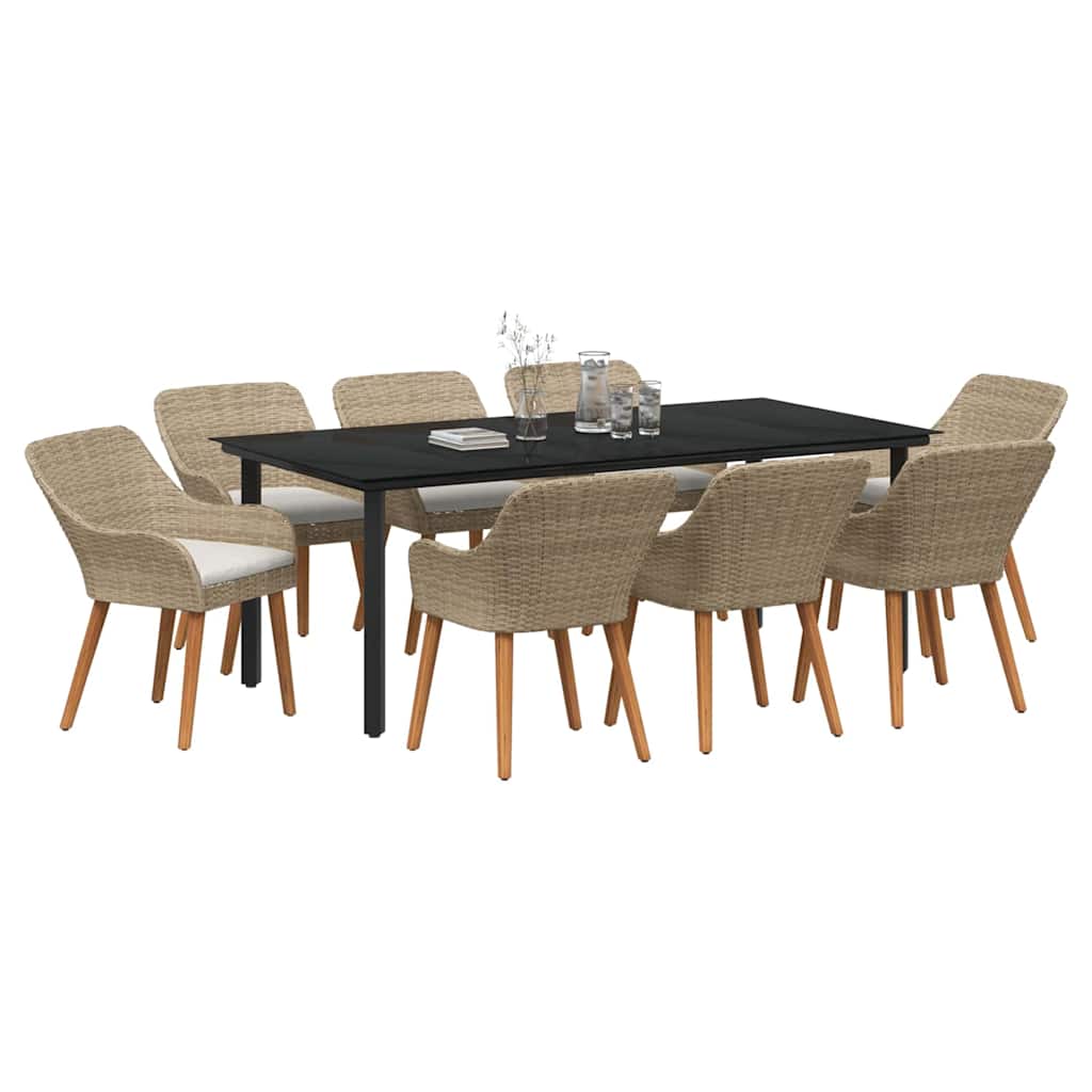 Set da Pranzo per Giardino con cuscino 9 pcs Beige polyrattan
