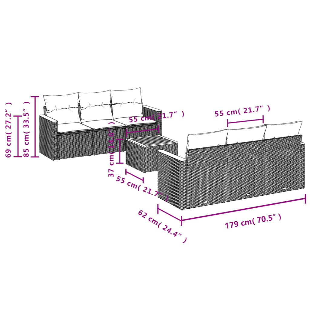 Set Divani da Giardino 7 pz con Cuscini Beige in Polyrattan