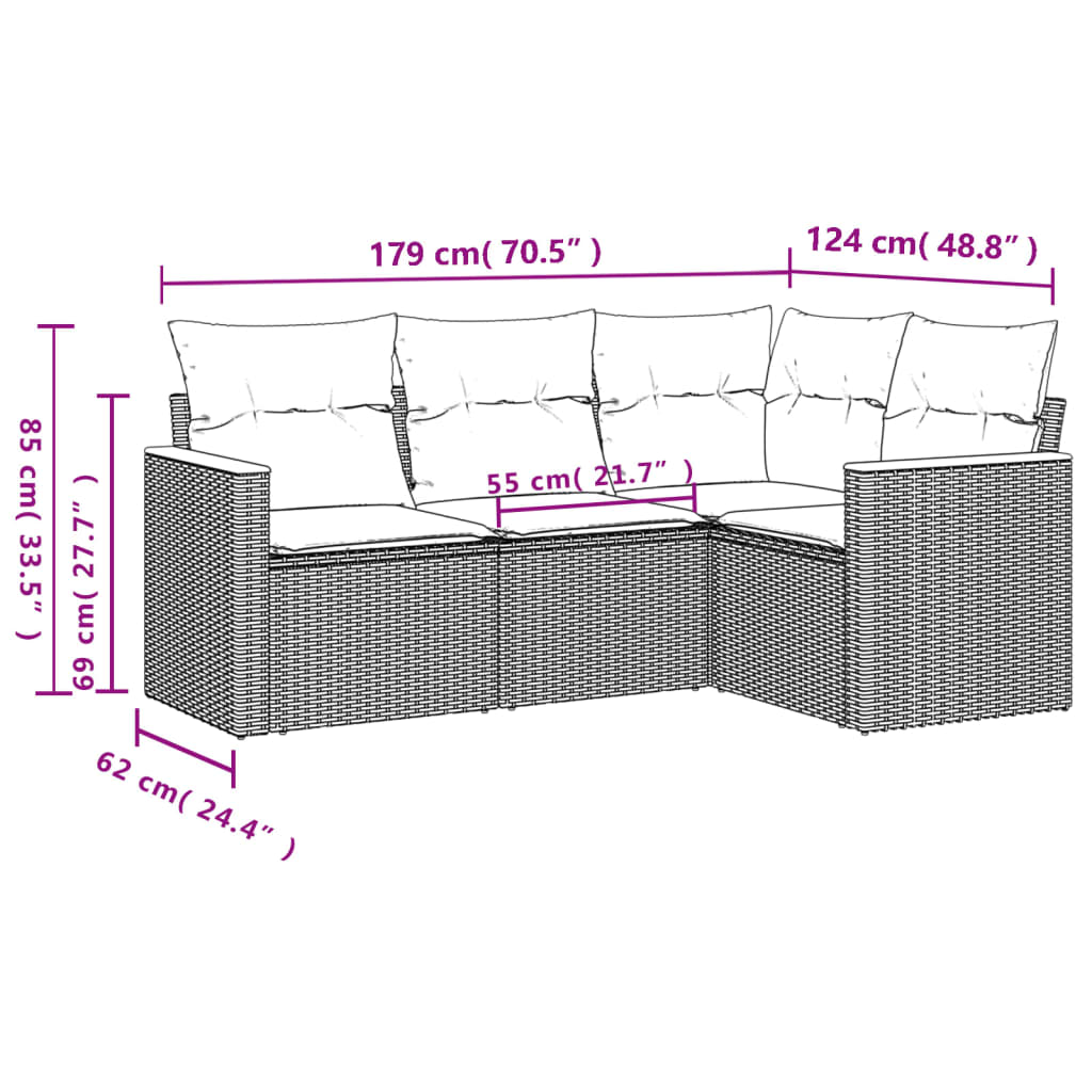 Set Divano da Giardino 4 pz con Cuscini Beige in Polyrattan