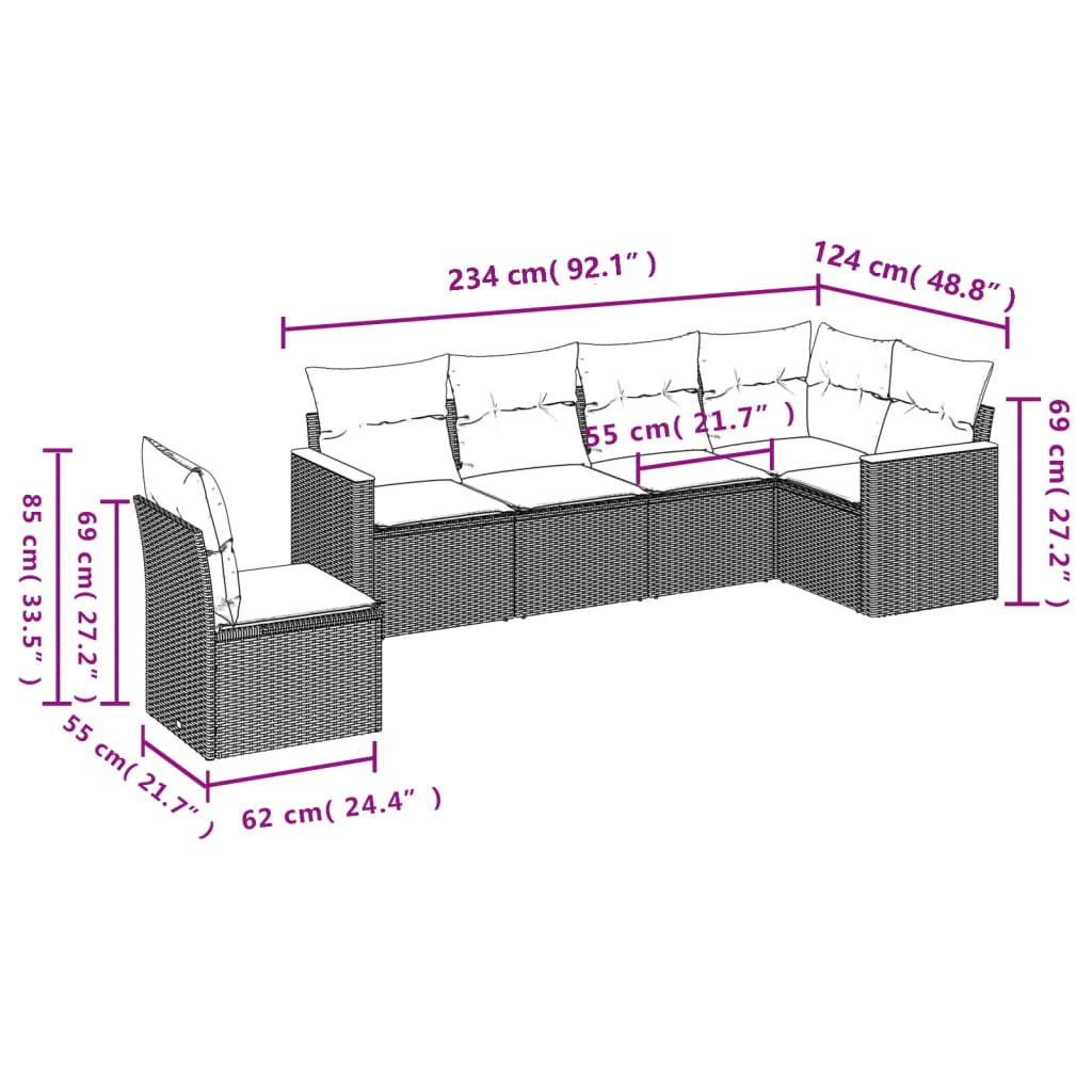 Set Divano da Giardino 6 pz con Cuscini Nero in Polyrattan | homemem39