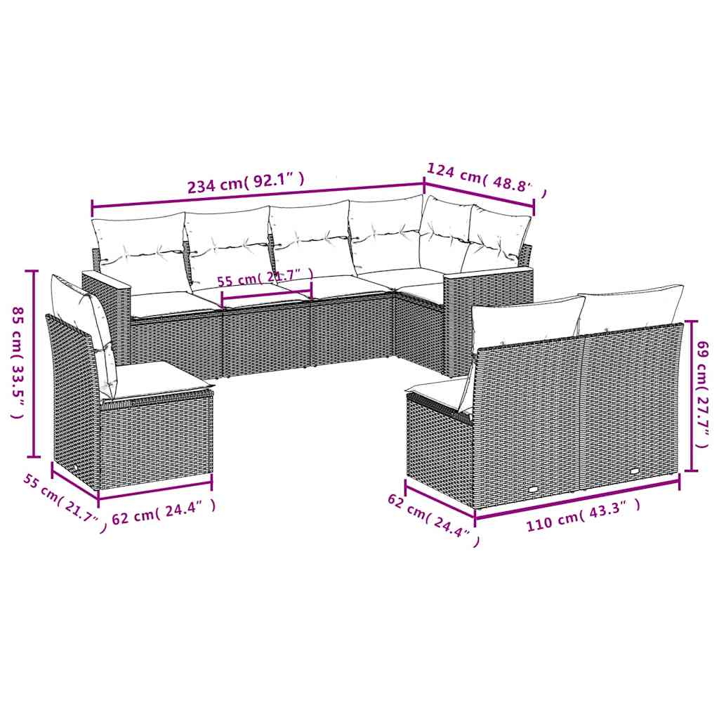 Set Divani da Giardino con Cuscini 8 pz Nero in Polyrattan