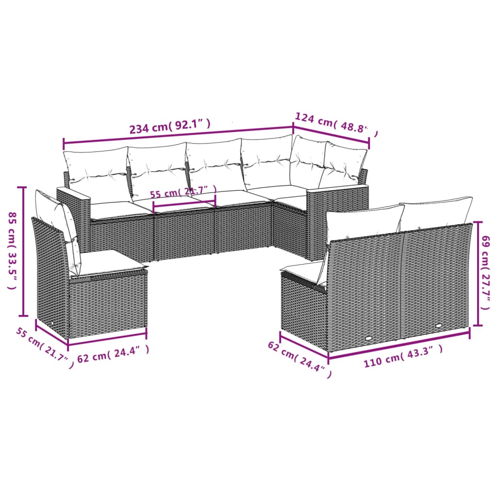 Set Divano da Giardino 8 pz con Cuscini Beige in Polyrattan | homemem39