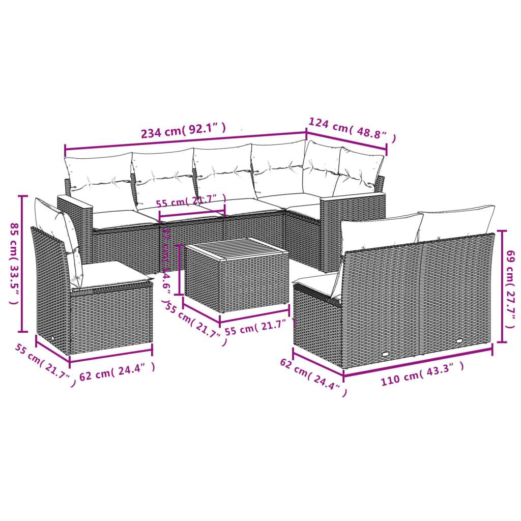 Set Divani da Giardino 9 pz con Cuscini Nero in Polyrattan | homemem39
