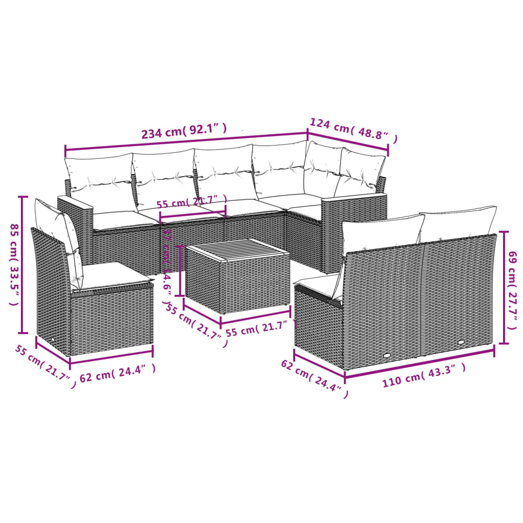 Set Divano da Giardino 9 pz con Cuscini Beige in Polyrattan