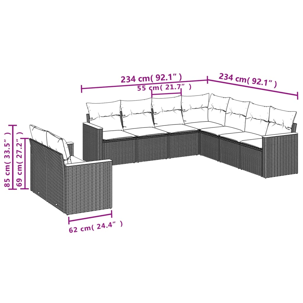 Set Divano da Giardino 9 pz con Cuscini Beige in Polyrattan | homemem39