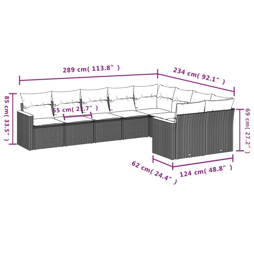 Set Divano da Giardino 9 pz con Cuscini Grigio in Polyrattan | homemem39