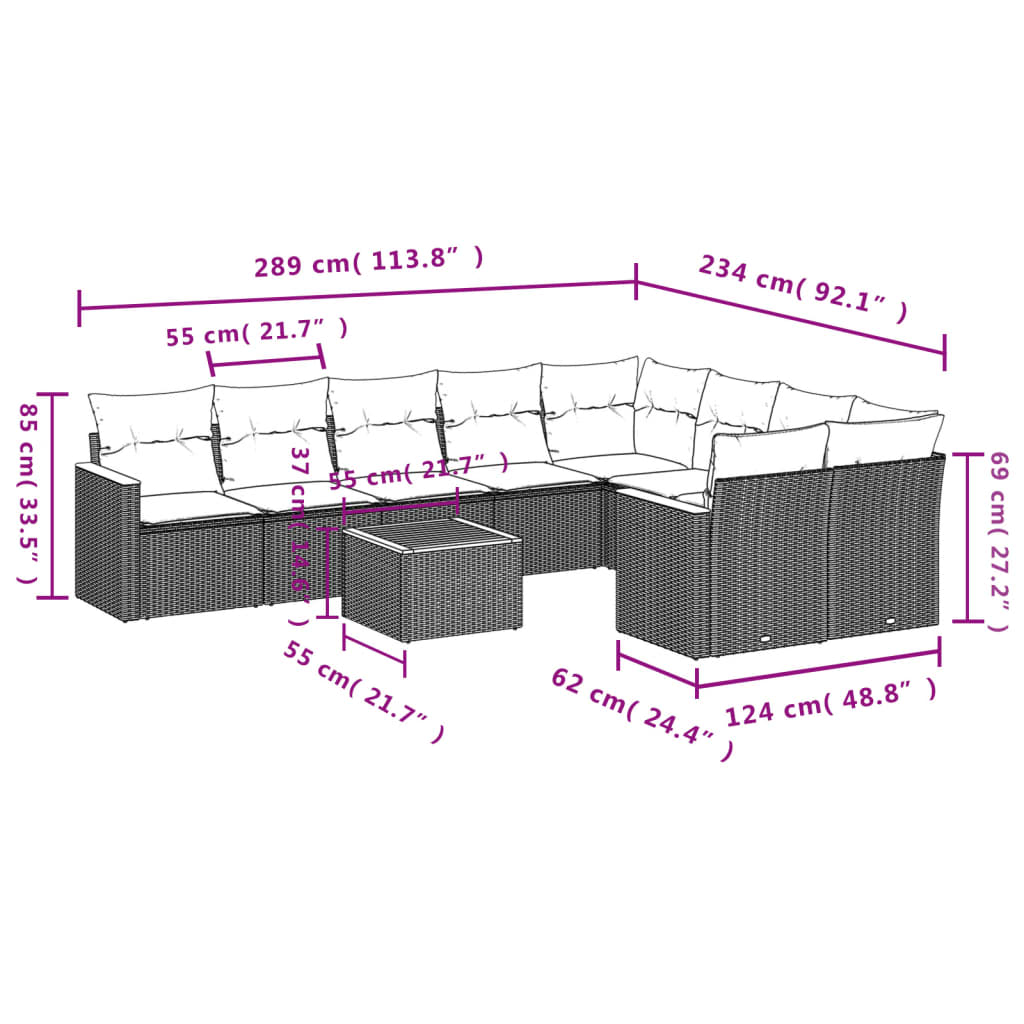 Set Divani da Giardino 10pz con Cuscini in Polyrattan Nero | homemem39