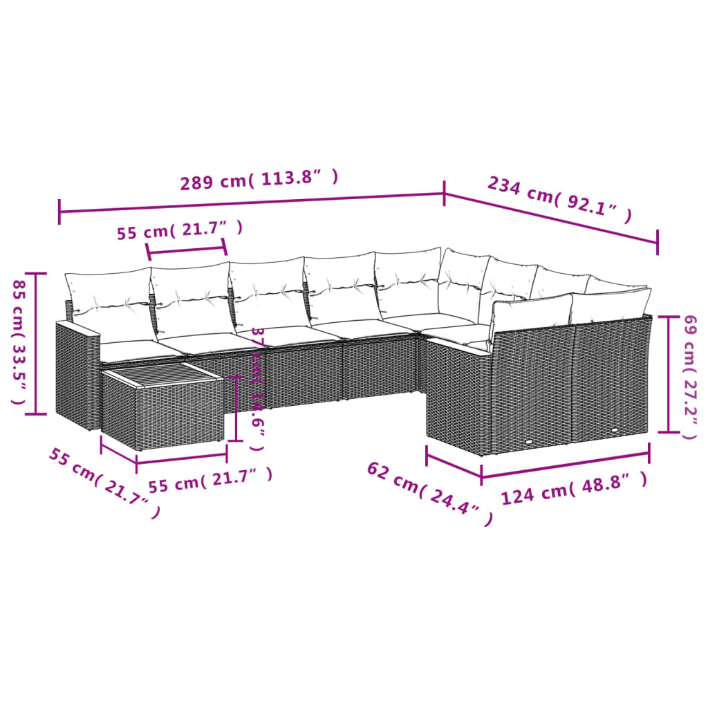 Set Divani da Giardino 10pz con Cuscini in Polyrattan Nero | homemem39