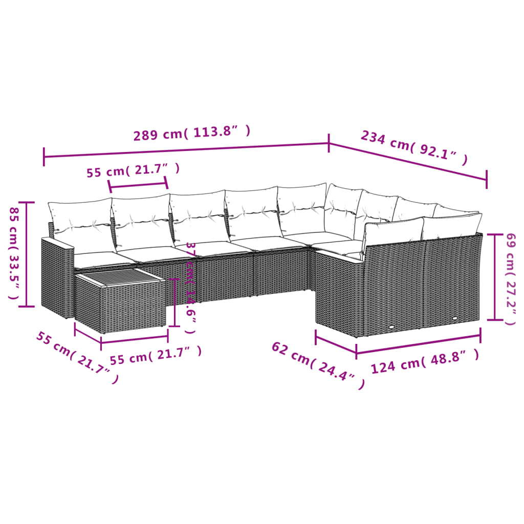 Set Divano da Giardino 10 pz con Cuscini Beige in Polyrattan