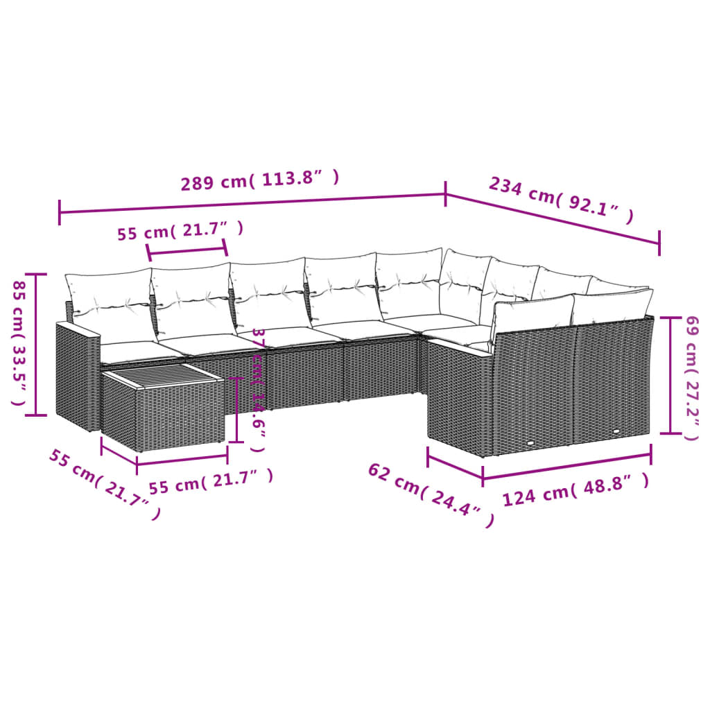 Set Divano da Giardino 10 pz con Cuscini Grigio in Polyrattan | homemem39