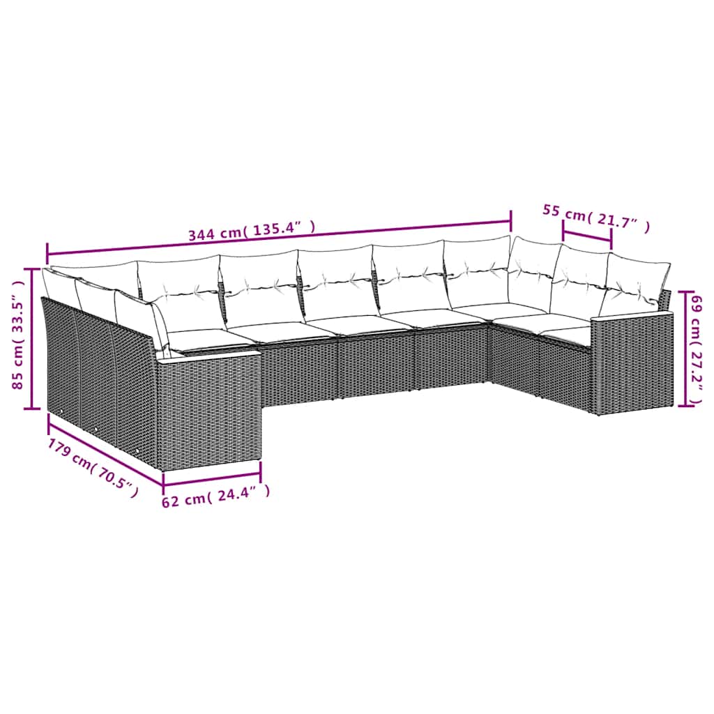 Set Divani da Giardino 10pz con Cuscini in Polyrattan Nero