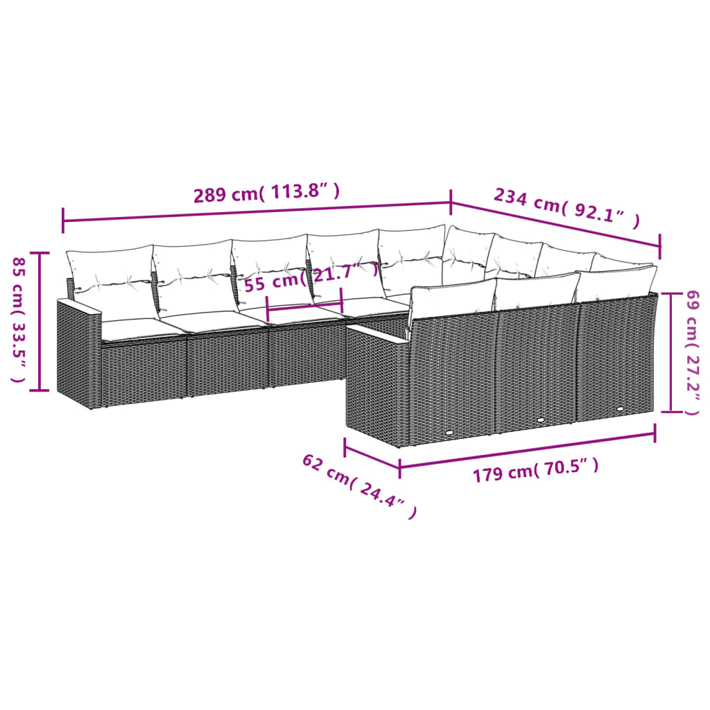 Set Divani da Giardino 10pz con Cuscini in Polyrattan Nero
