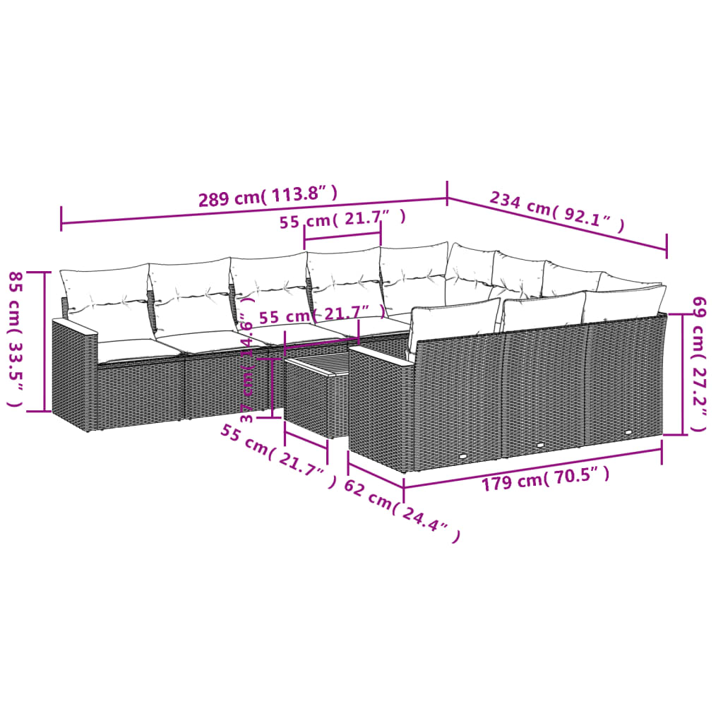 Set Divani da Giardino 11 pz con Cuscini in Polyrattan Nero | homemem39