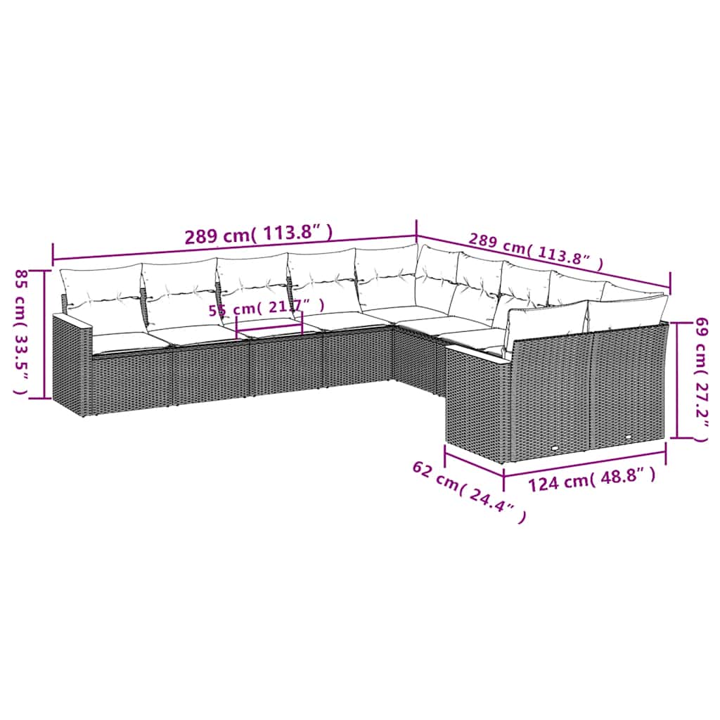 Set Divani da Giardino 10pz con Cuscini in Polyrattan Nero