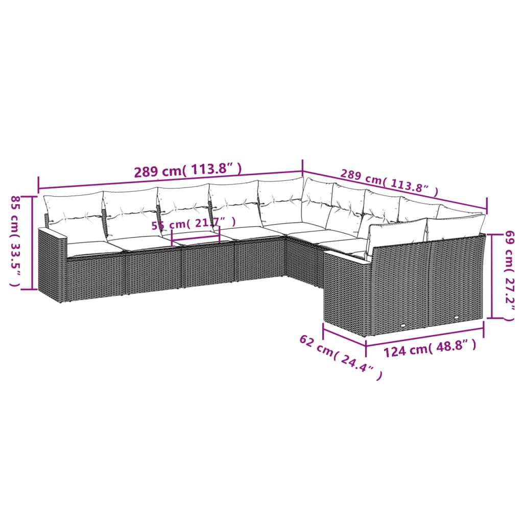 Set Divani da Giardino 10pz con Cuscini in Polyrattan Nero | homemem39