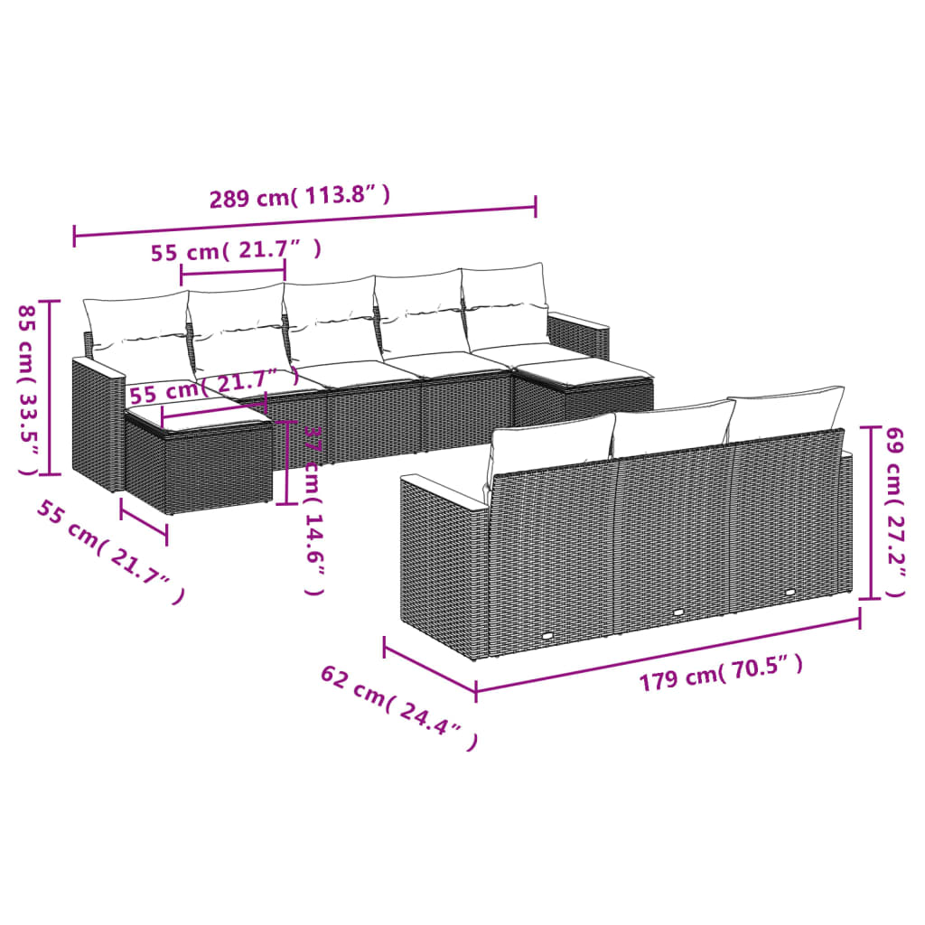 Set Divano da Giardino 10 pz con Cuscini Beige in Polyrattan | homemem39