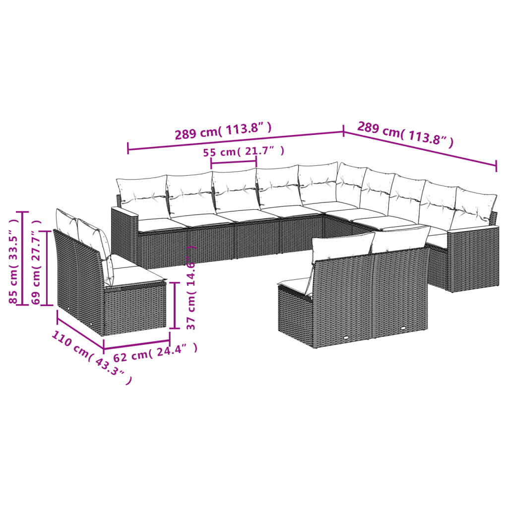 Set Divano da Giardino 13 pz con Cuscini Beige in Polyrattan | homemem39