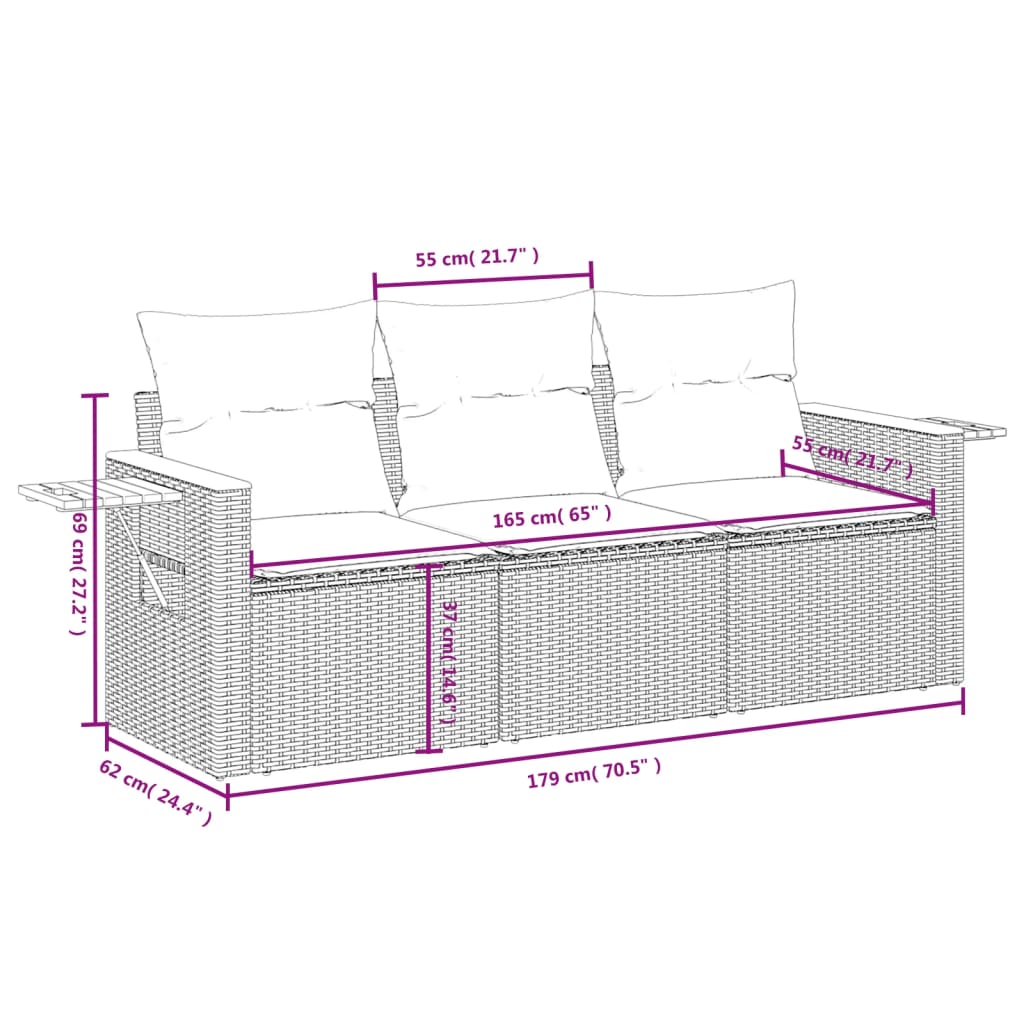Set Divano da Giardino 3 pz con Cuscini Beige in Polyrattan | homemem39