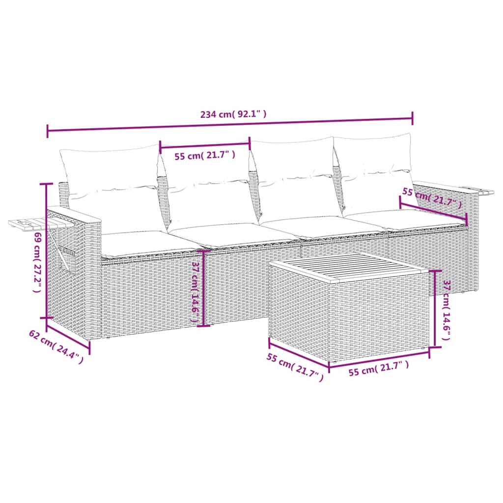 Set Divani da Giardino 5 pz con Cuscini in Polyrattan Nero | homemem39