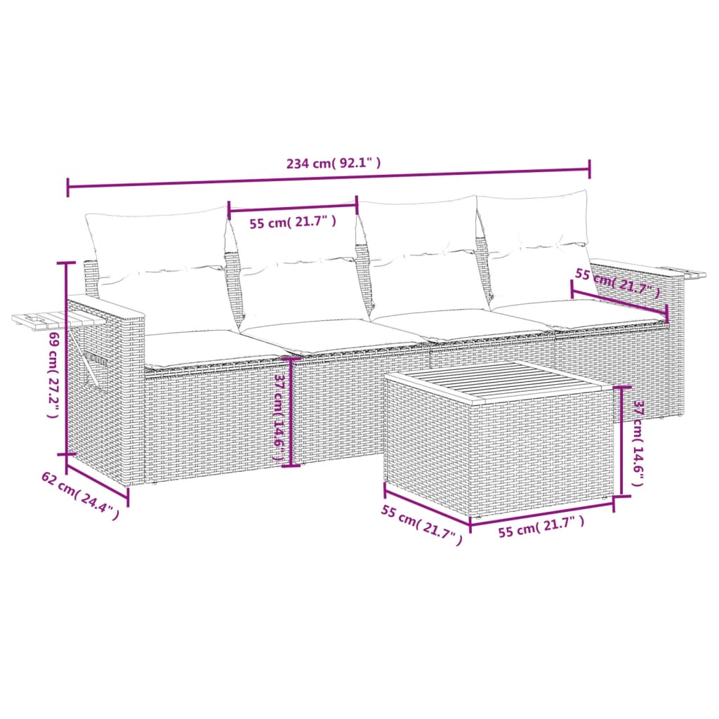Set Divano da Giardino 5 pz con Cuscini Beige in Polyrattan | homemem39