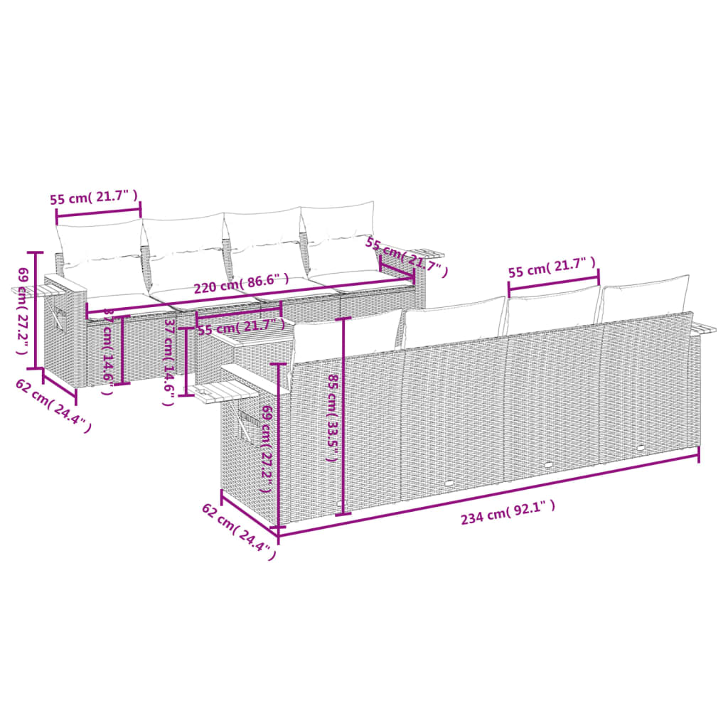 Set Divano da Giardino 9 pz con Cuscini Beige in Polyrattan