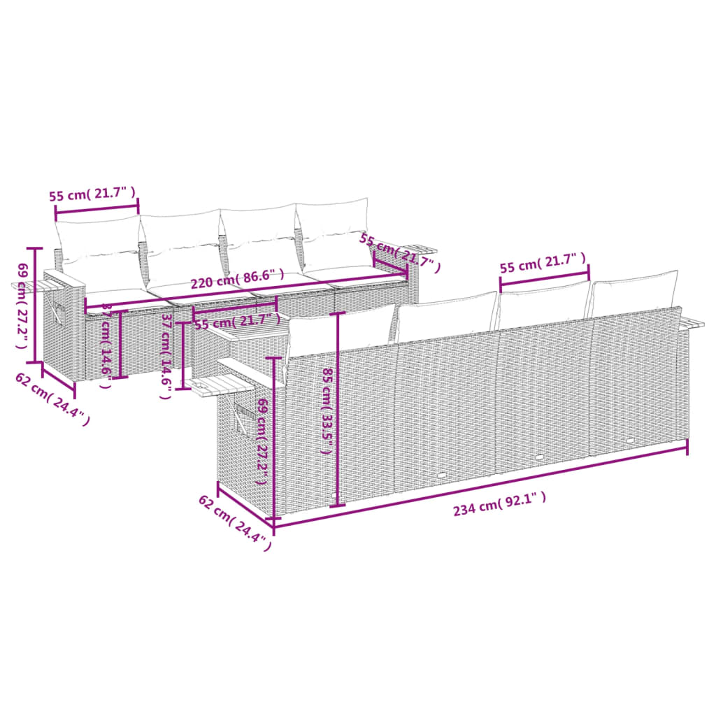 Set Divano da Giardino 9 pz con Cuscini Grigio in Polyrattan | homemem39