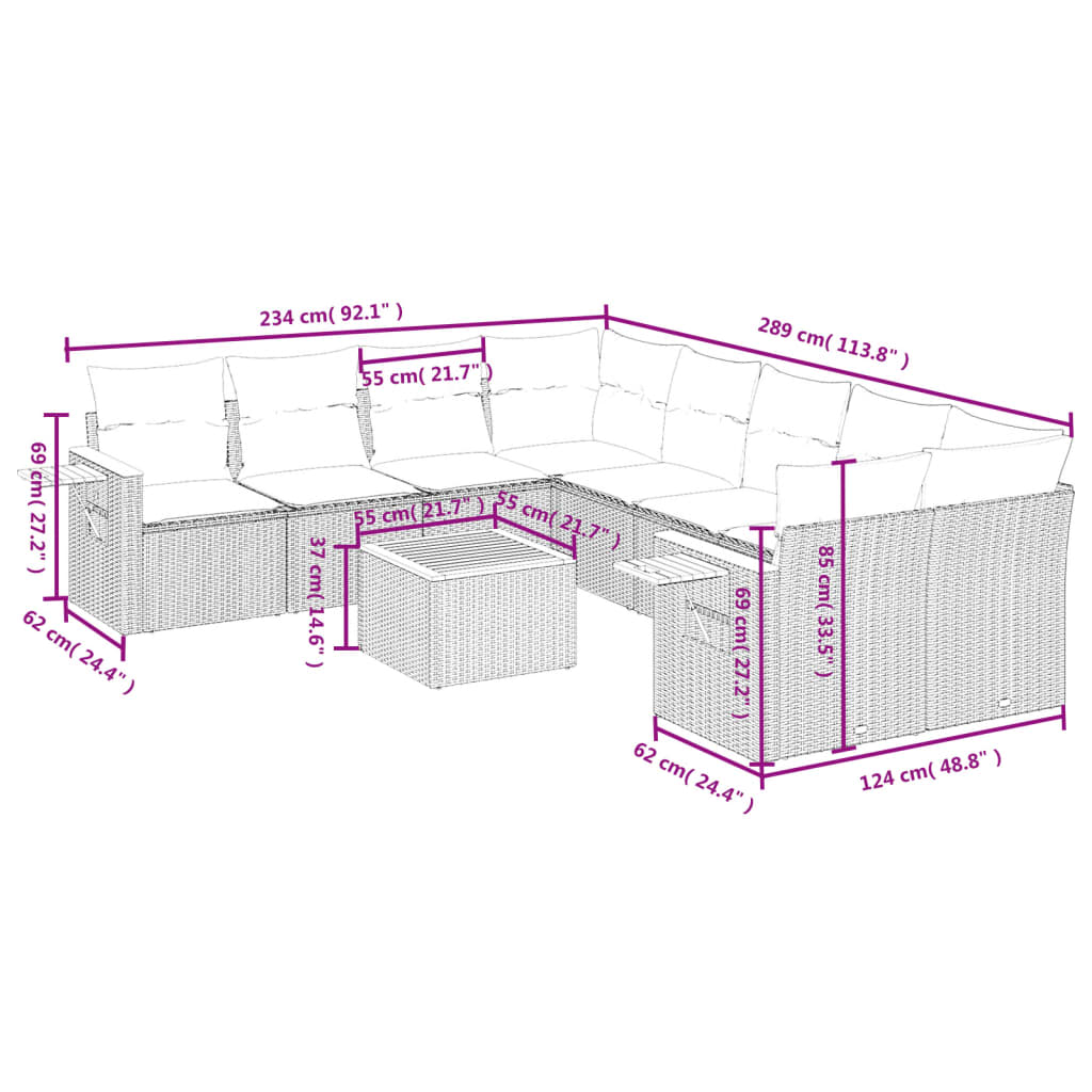 Set Divano da Giardino 9 pz con Cuscini Beige in Polyrattan