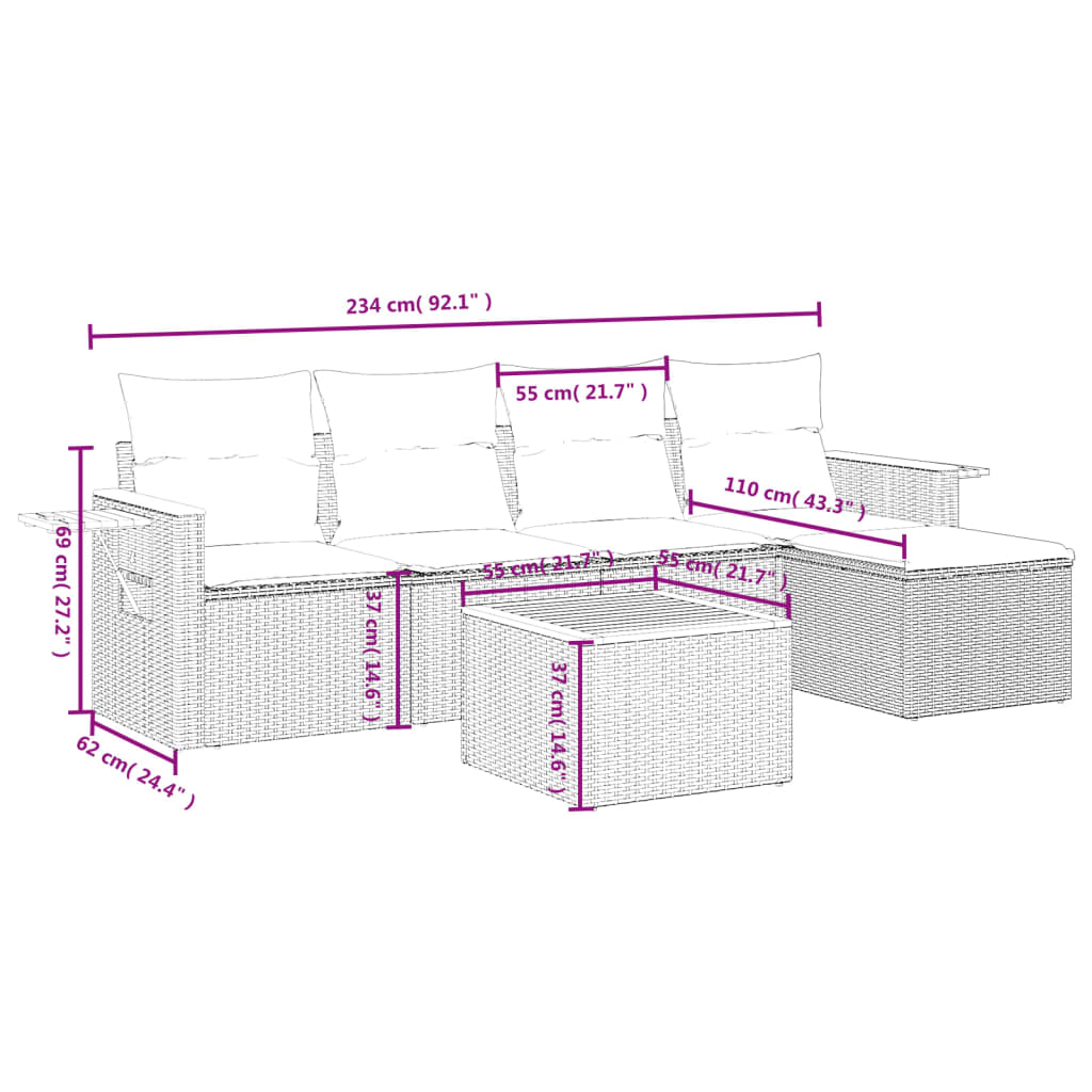 Set Divano da Giardino 6 pz con Cuscini Nero in Polyrattan | homemem39