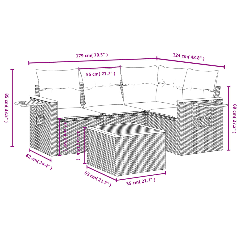 Set Divano da Giardino 5 pz con Cuscini Grigio in Polyrattan