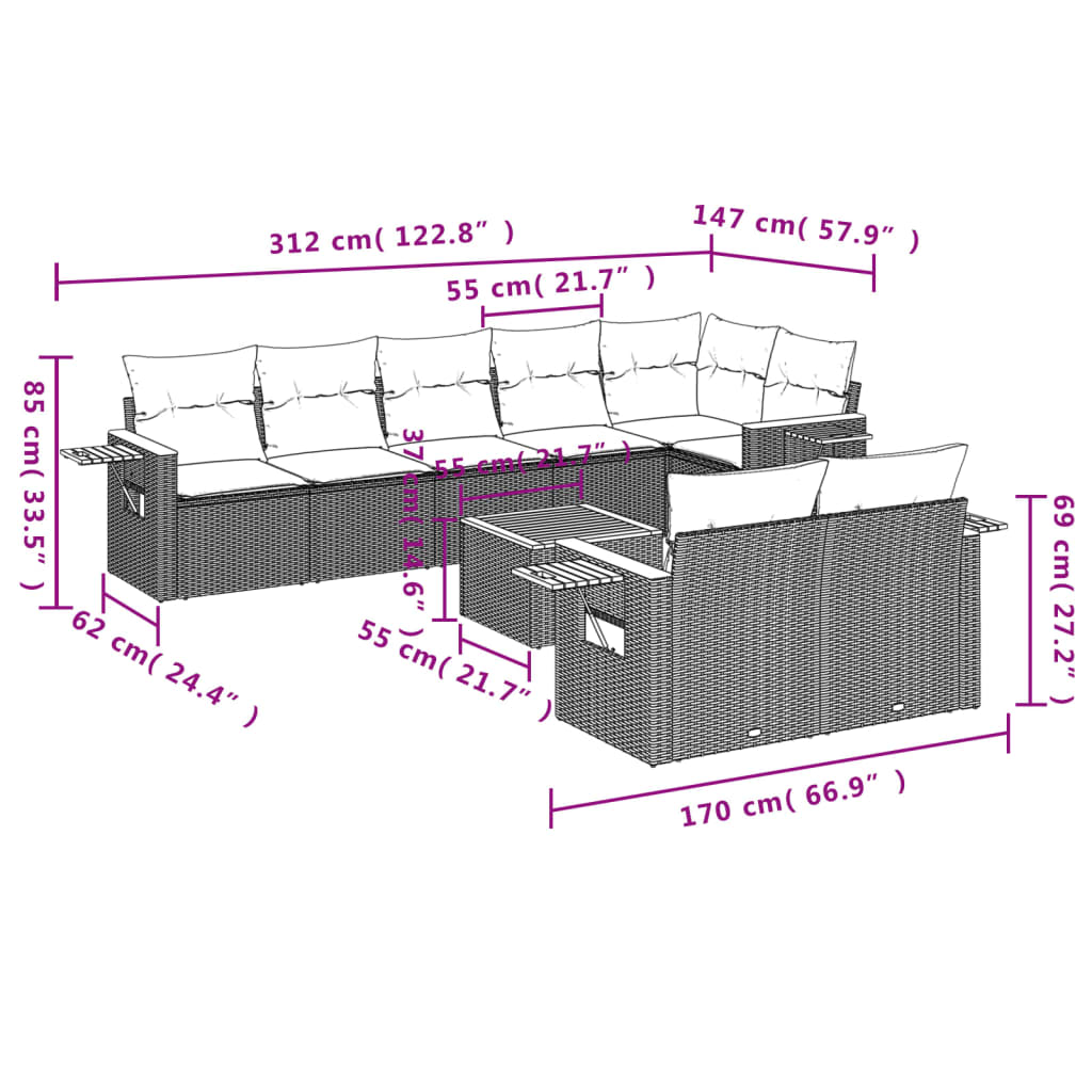 Set Divano da Giardino 9 pz con Cuscini Grigio in Polyrattan | homemem39